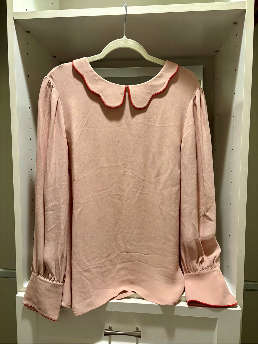 Boden Pink Blouse with Red Trim Scalloped Collar